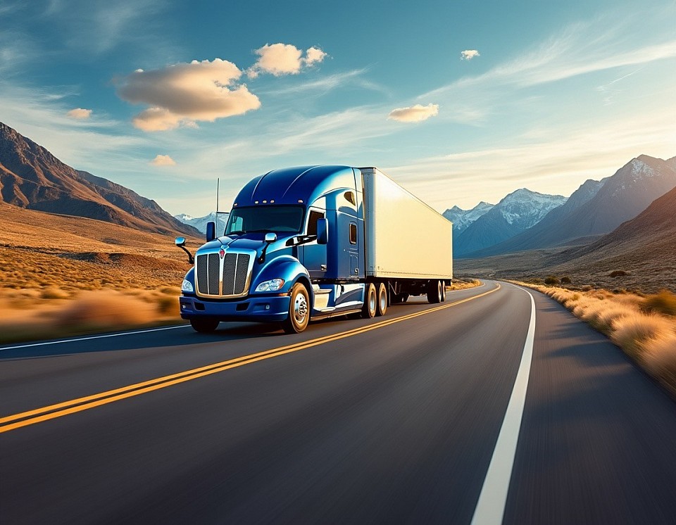 This image is about A big rig rolling down the highway through the mountains