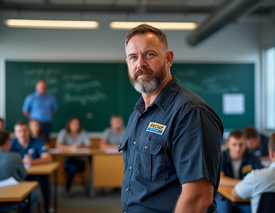 An image a guy teaching new students in a truck Driving School