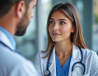 An image of a person talking to a doctor