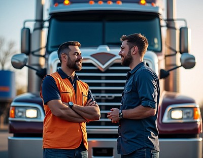 An image of a recruiter talking to a truck driver