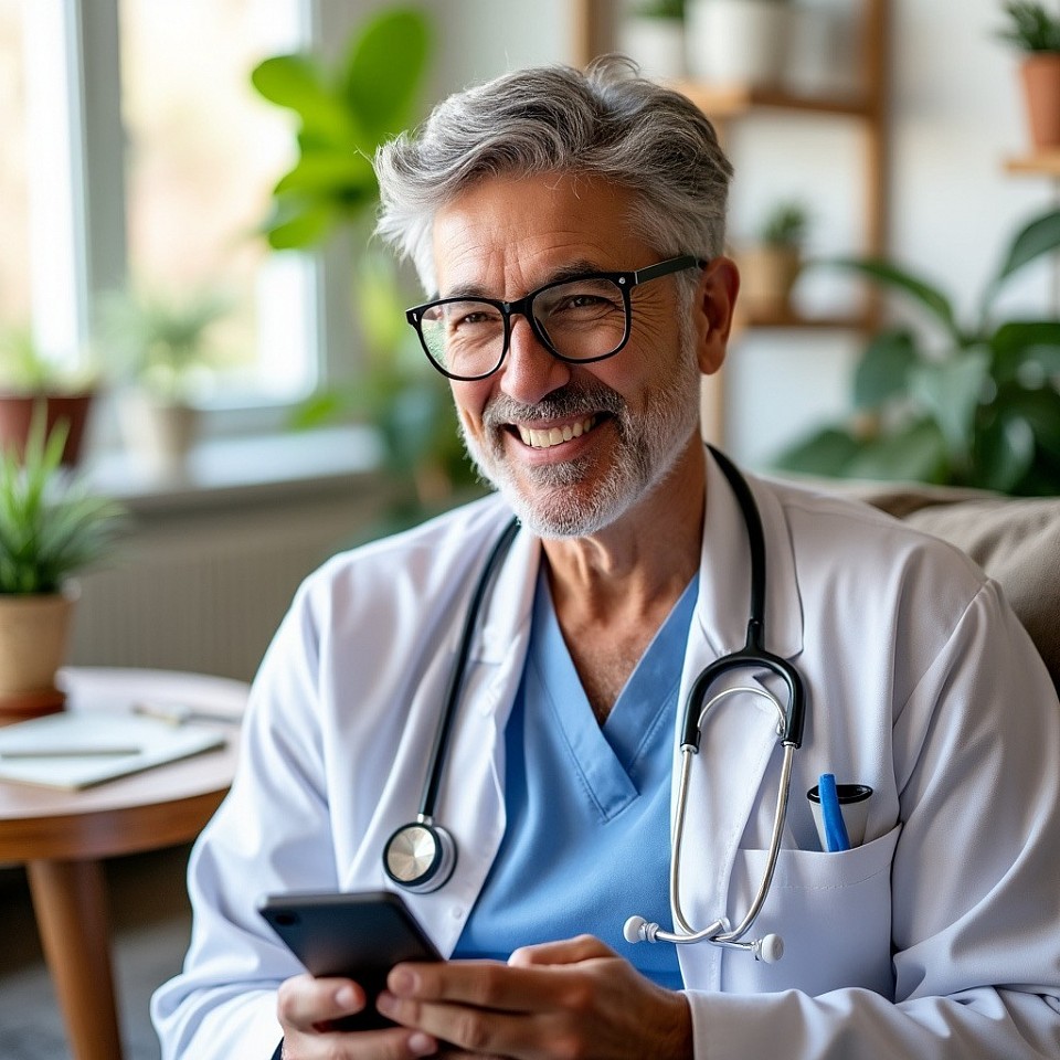 A doctor holding his cell phone
