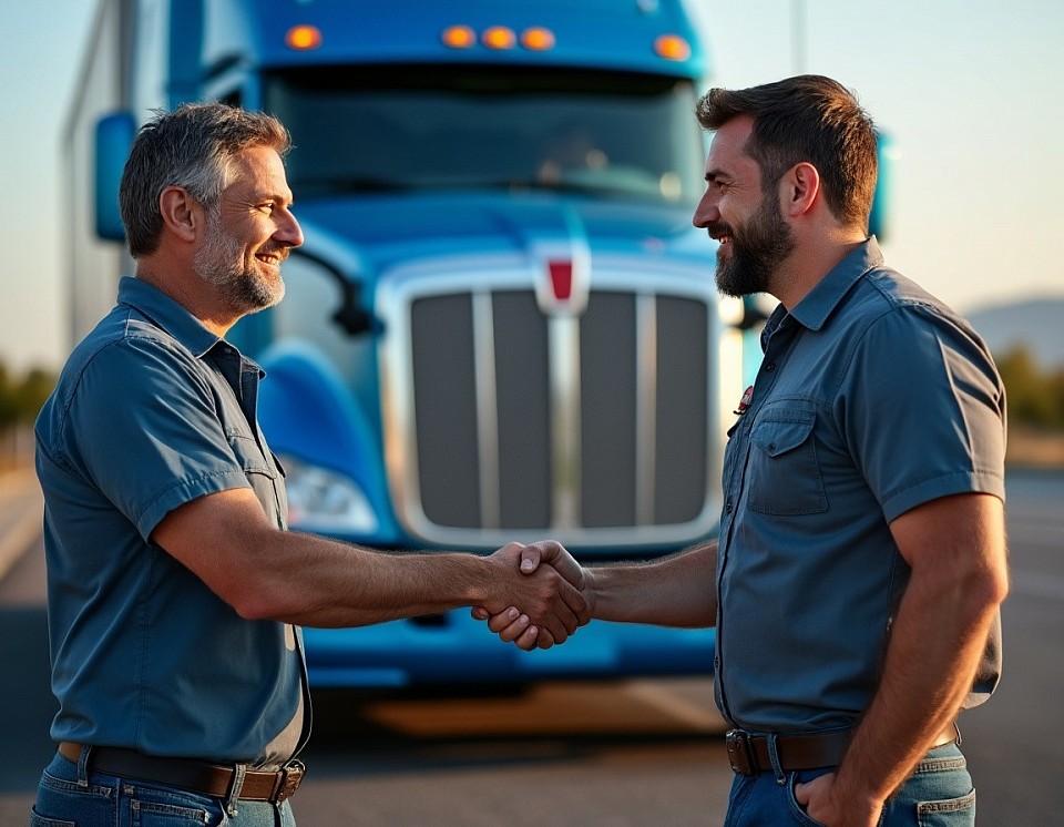 Two guys shaking hands in front of a big rig