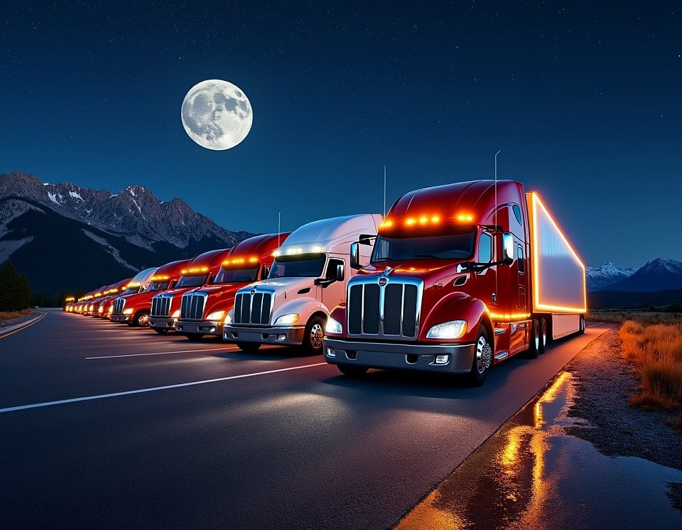 Big rigs parked in a row
