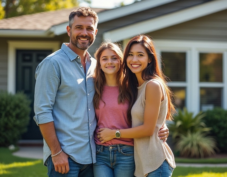 Family standing in front of their house