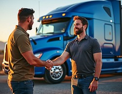Two guys shaking hands in front of a big rig
