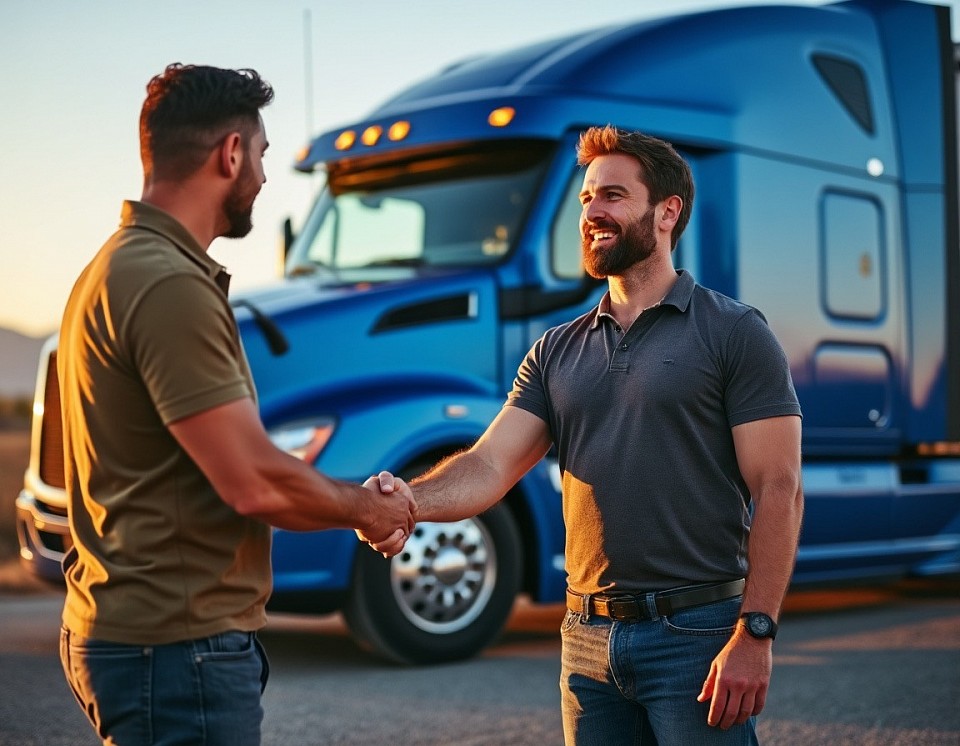 You guys shaking hands in front of a big rig