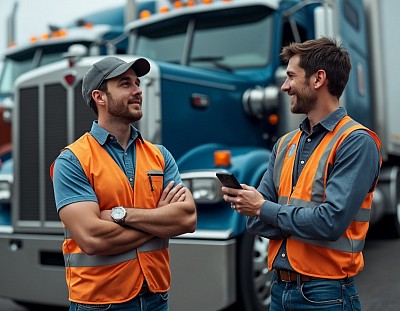 A couple of guys standing in front of a big rig