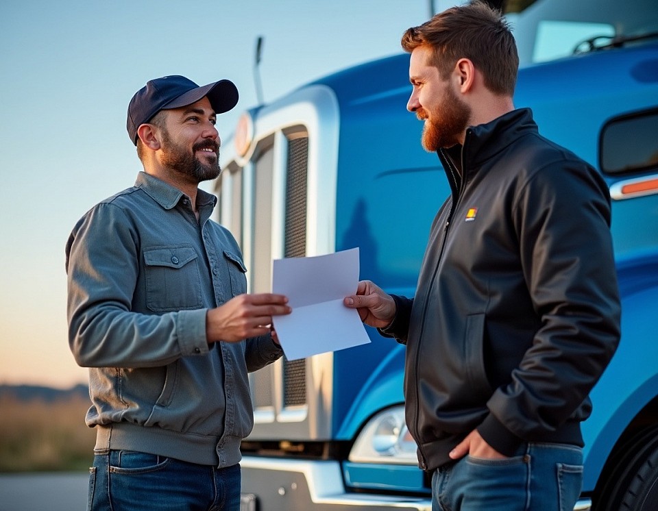 Truck driver handing over PTAG literature to another truck driver