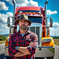 Truck driver standing in front of his truck