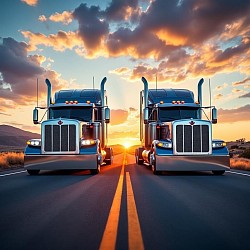 Two big rigs on the highway