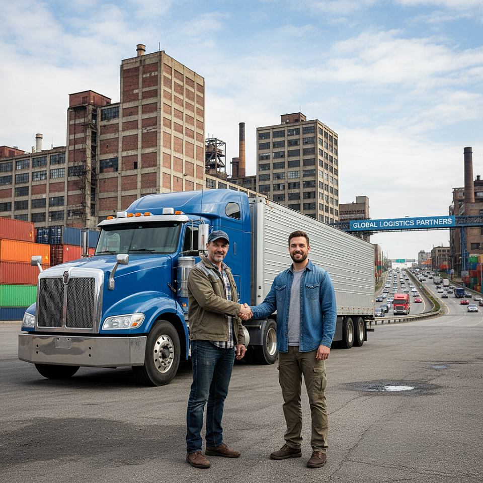 Truck driver and a Ptag recruiter, talking and standing in front of a big rig
